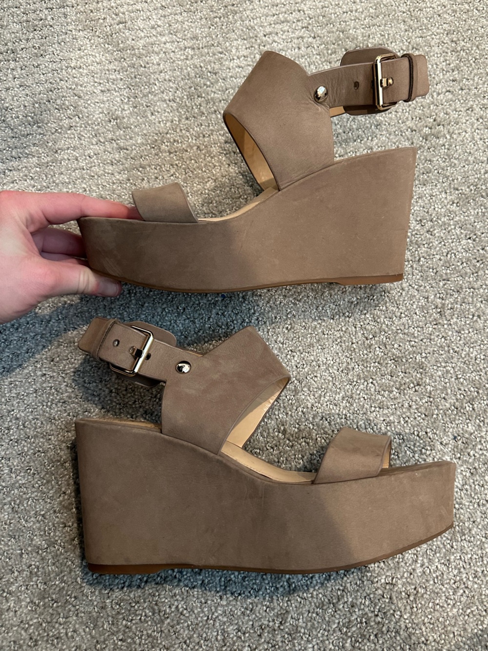 Vince Taupe Wedge Sandals with Ankle Buckle